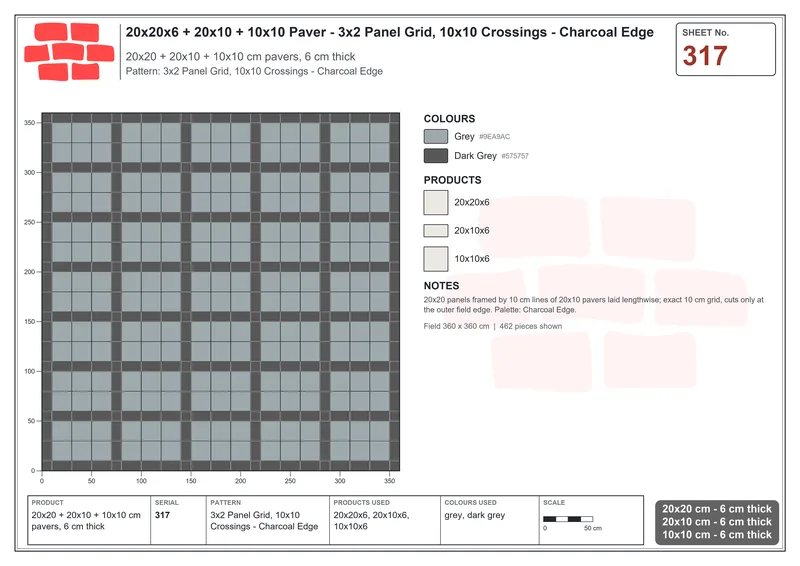 Interlock (Pasco) 20x20 cm · SQ22-317 · 3x2 Panel Grid, 10x10 Crossings - Charcoal Edge · Laying plan Interlock (Pasco) 20x20 cm · SQ22-317 · 3x2 Panel Grid, 10x10 Crossings - Charcoal Edge · Laying plan