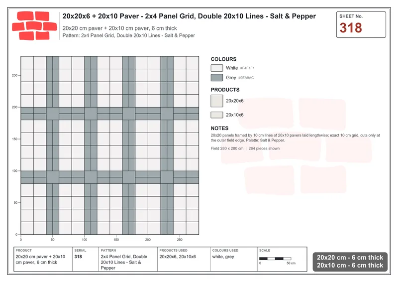Interlock (Pasco) 20x20 cm · SQ22-318 · 2x4 Panel Grid, Double 20x10 Lines - Salt & Pepper · Laying plan Interlock (Pasco) 20x20 cm · SQ22-318 · 2x4 Panel Grid, Double 20x10 Lines - Salt & Pepper · Laying plan