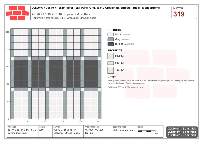 Interlock (Pasco) 20x20 cm · SQ22-319 · 2x4 Panel Grid, 10x10 Crossings, Striped Panels · Laying plan Interlock (Pasco) 20x20 cm · SQ22-319 · 2x4 Panel Grid, 10x10 Crossings, Striped Panels · Laying plan