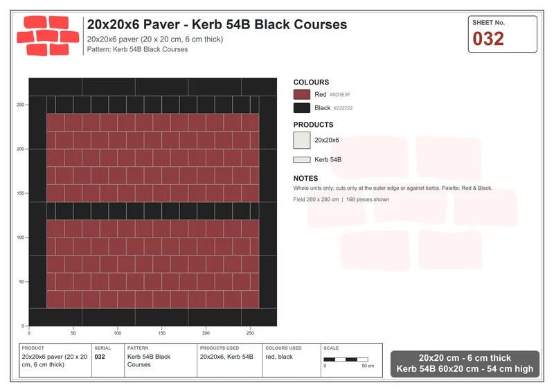 Interlock (Pasco) 20x20 cm · SQ22-32 · Kerb 54B Black Courses · Laying plan Interlock (Pasco) 20x20 cm · SQ22-32 · Kerb 54B Black Courses · Laying plan