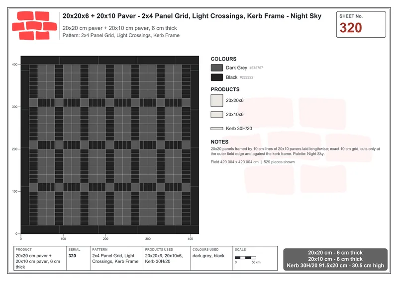 Interlock (Pasco) 20x20 cm · SQ22-320 · 2x4 Panel Grid, Light Crossings, Kerb Frame · Laying plan Interlock (Pasco) 20x20 cm · SQ22-320 · 2x4 Panel Grid, Light Crossings, Kerb Frame · Laying plan
