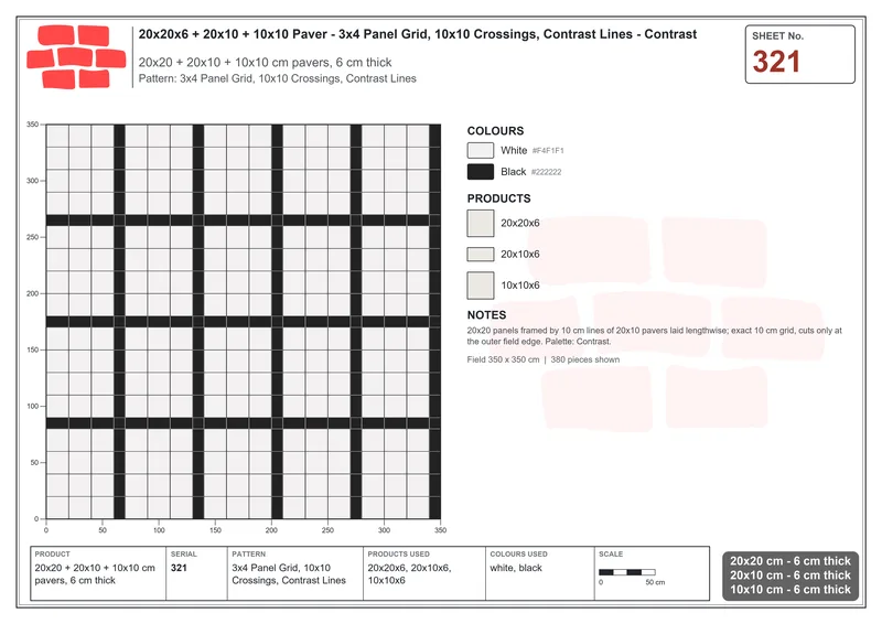 Interlock (Pasco) 20x20 cm · SQ22-321 · 3x4 Panel Grid, 10x10 Crossings, Contrast Lines · Laying plan Interlock (Pasco) 20x20 cm · SQ22-321 · 3x4 Panel Grid, 10x10 Crossings, Contrast Lines · Laying plan