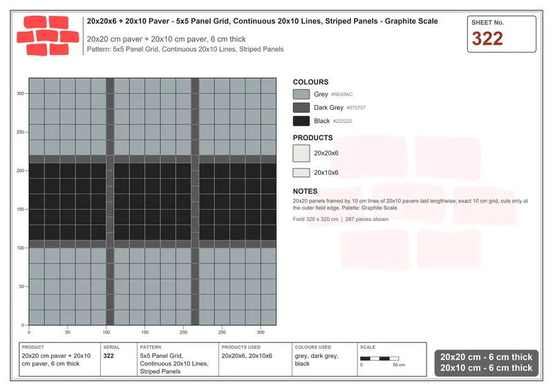 Interlock (Pasco) 20x20 cm · SQ22-322 · 5x5 Panel Grid, Continuous 20x10 Lines, Striped Panels · Laying plan Interlock (Pasco) 20x20 cm · SQ22-322 · 5x5 Panel Grid, Continuous 20x10 Lines, Striped Panels · Laying plan