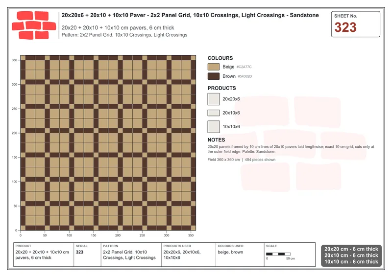Interlock (Pasco) 20x20 cm · SQ22-323 · 2x2 Panel Grid, 10x10 Crossings, Light Crossings · Laying plan Interlock (Pasco) 20x20 cm · SQ22-323 · 2x2 Panel Grid, 10x10 Crossings, Light Crossings · Laying plan