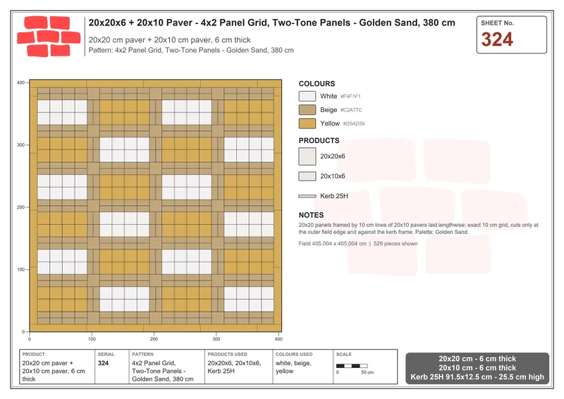 Interlock (Pasco) 20x20 cm · SQ22-324 · 4x2 Panel Grid, Two-Tone Panels - Golden Sand, 380 cm · Laying plan Interlock (Pasco) 20x20 cm · SQ22-324 · 4x2 Panel Grid, Two-Tone Panels - Golden Sand, 380 cm · Laying plan