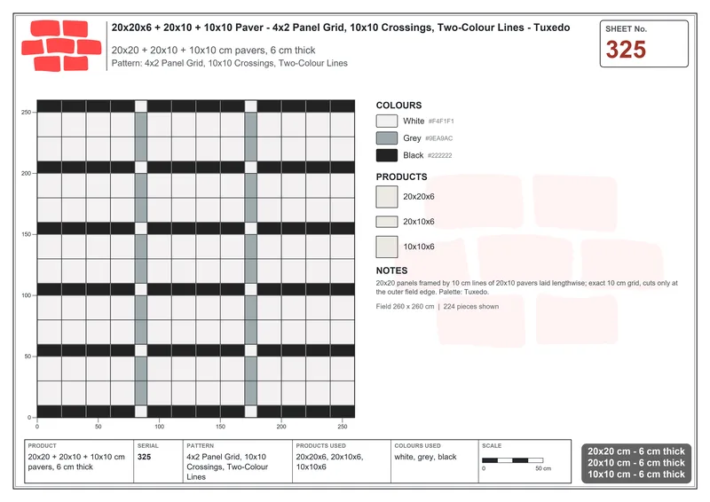 Interlock (Pasco) 20x20 cm · SQ22-325 · 4x2 Panel Grid, 10x10 Crossings, Two-Colour Lines · Laying plan Interlock (Pasco) 20x20 cm · SQ22-325 · 4x2 Panel Grid, 10x10 Crossings, Two-Colour Lines · Laying plan