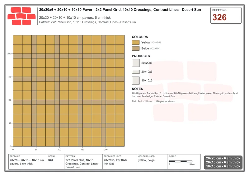 Interlock (Pasco) 20x20 cm · SQ22-326 · 2x2 Panel Grid, 10x10 Crossings, Contrast Lines - Desert Sun · Laying plan Interlock (Pasco) 20x20 cm · SQ22-326 · 2x2 Panel Grid, 10x10 Crossings, Contrast Lines - Desert Sun · Laying plan