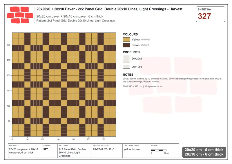 Interlock (Pasco) 20x20 cm · SQ22-327 · 2x2 Panel Grid, Double 20x10 Lines, Light Crossings · Laying plan Interlock (Pasco) 20x20 cm · SQ22-327 · 2x2 Panel Grid, Double 20x10 Lines, Light Crossings · Laying plan