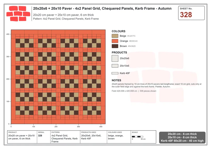 Interlock (Pasco) 20x20 cm · SQ22-328 · 4x2 Panel Grid, Chequered Panels, Kerb Frame · Laying plan Interlock (Pasco) 20x20 cm · SQ22-328 · 4x2 Panel Grid, Chequered Panels, Kerb Frame · Laying plan
