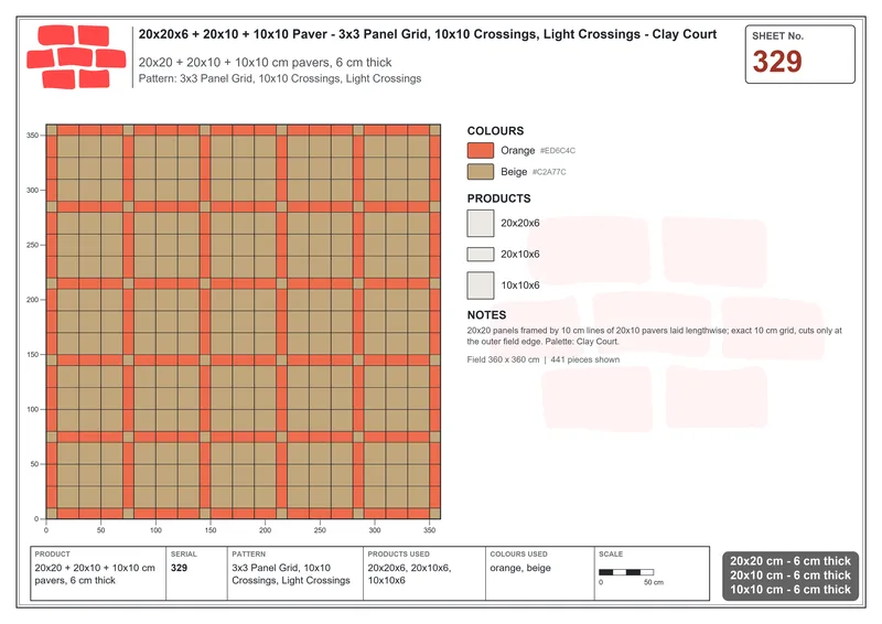Interlock (Pasco) 20x20 cm · SQ22-329 · 3x3 Panel Grid, 10x10 Crossings, Light Crossings · Laying plan Interlock (Pasco) 20x20 cm · SQ22-329 · 3x3 Panel Grid, 10x10 Crossings, Light Crossings · Laying plan