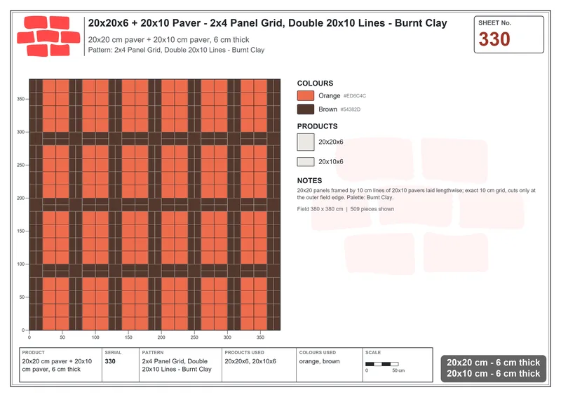 Interlock (Pasco) 20x20 cm · SQ22-330 · 2x4 Panel Grid, Double 20x10 Lines - Burnt Clay · Laying plan Interlock (Pasco) 20x20 cm · SQ22-330 · 2x4 Panel Grid, Double 20x10 Lines - Burnt Clay · Laying plan