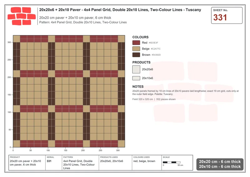 Interlock (Pasco) 20x20 cm · SQ22-331 · 4x4 Panel Grid, Double 20x10 Lines, Two-Colour Lines · Laying plan Interlock (Pasco) 20x20 cm · SQ22-331 · 4x4 Panel Grid, Double 20x10 Lines, Two-Colour Lines · Laying plan