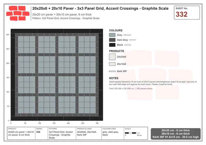 Interlock (Pasco) 20x20 cm · SQ22-332 · 3x3 Panel Grid, Accent Crossings - Graphite Scale · Laying plan Interlock (Pasco) 20x20 cm · SQ22-332 · 3x3 Panel Grid, Accent Crossings - Graphite Scale · Laying plan