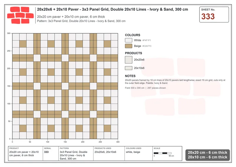 Interlock (Pasco) 20x20 cm · SQ22-333 · 3x3 Panel Grid, Double 20x10 Lines - Ivory & Sand, 300 cm · Laying plan Interlock (Pasco) 20x20 cm · SQ22-333 · 3x3 Panel Grid, Double 20x10 Lines - Ivory & Sand, 300 cm · Laying plan