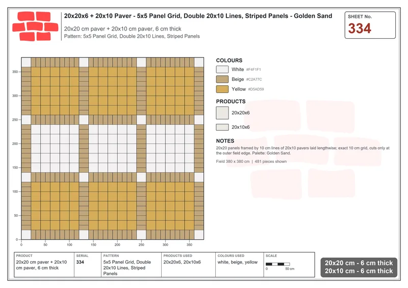 Interlock (Pasco) 20x20 cm · SQ22-334 · 5x5 Panel Grid, Double 20x10 Lines, Striped Panels · Laying plan Interlock (Pasco) 20x20 cm · SQ22-334 · 5x5 Panel Grid, Double 20x10 Lines, Striped Panels · Laying plan