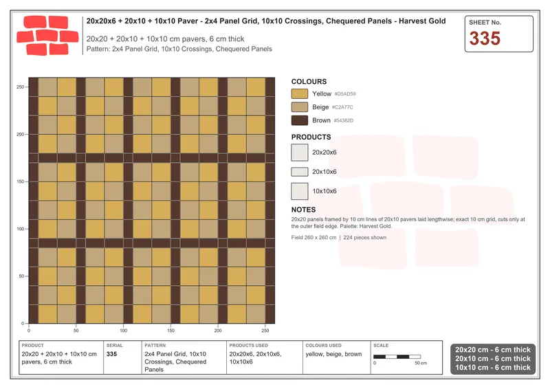 Interlock (Pasco) 20x20 cm · SQ22-335 · 2x4 Panel Grid, 10x10 Crossings, Chequered Panels · Laying plan Interlock (Pasco) 20x20 cm · SQ22-335 · 2x4 Panel Grid, 10x10 Crossings, Chequered Panels · Laying plan