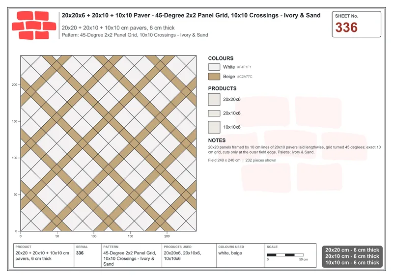 Interlock (Pasco) 20x20 cm · SQ22-336 · 45-Degree 2x2 Panel Grid, 10x10 Crossings - Ivory & Sand · Laying plan Interlock (Pasco) 20x20 cm · SQ22-336 · 45-Degree 2x2 Panel Grid, 10x10 Crossings - Ivory & Sand · Laying plan