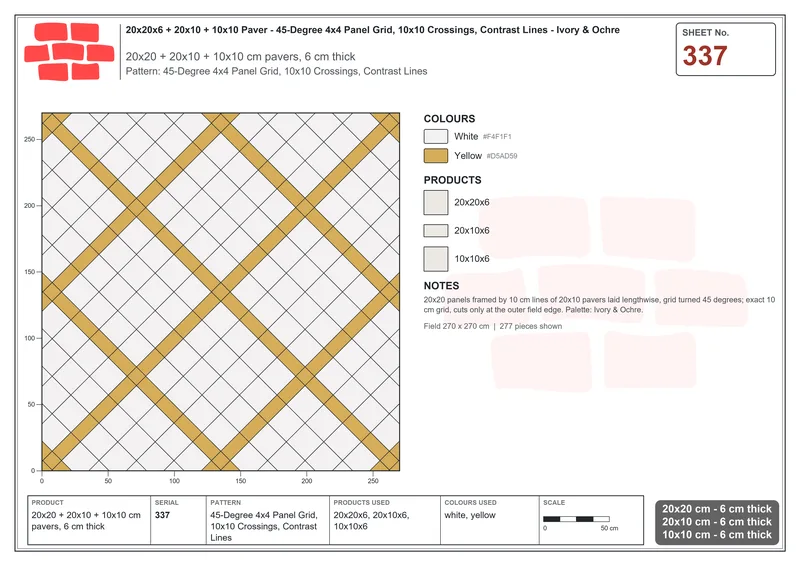 Interlock (Pasco) 20x20 cm · SQ22-337 · 45-Degree 4x4 Panel Grid, 10x10 Crossings, Contrast Lines · Laying plan Interlock (Pasco) 20x20 cm · SQ22-337 · 45-Degree 4x4 Panel Grid, 10x10 Crossings, Contrast Lines · Laying plan