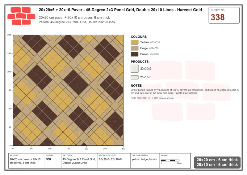 Interlock (Pasco) 20x20 cm · SQ22-338 · 45-Degree 2x3 Panel Grid, Double 20x10 Lines · Laying plan Interlock (Pasco) 20x20 cm · SQ22-338 · 45-Degree 2x3 Panel Grid, Double 20x10 Lines · Laying plan