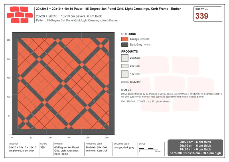 Interlock (Pasco) 20x20 cm · SQ22-339 · 45-Degree 3x4 Panel Grid, Light Crossings, Kerb Frame · Laying plan Interlock (Pasco) 20x20 cm · SQ22-339 · 45-Degree 3x4 Panel Grid, Light Crossings, Kerb Frame · Laying plan