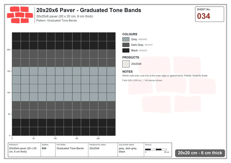 Interlock (Pasco) 20x20 cm · SQ22-34 · Graduated Tone Bands · Laying plan Interlock (Pasco) 20x20 cm · SQ22-34 · Graduated Tone Bands · Laying plan