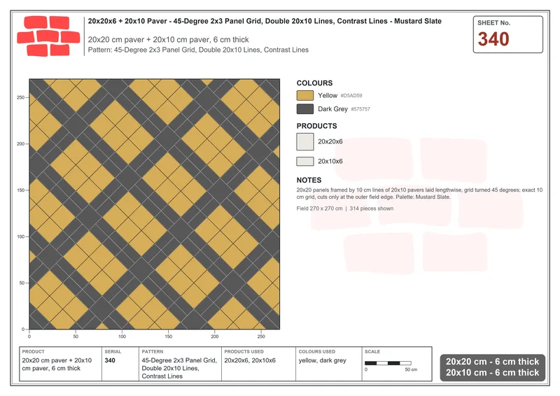 Interlock (Pasco) 20x20 cm · SQ22-340 · 45-Degree 2x3 Panel Grid, Double 20x10 Lines, Contrast Lines · Laying plan Interlock (Pasco) 20x20 cm · SQ22-340 · 45-Degree 2x3 Panel Grid, Double 20x10 Lines, Contrast Lines · Laying plan