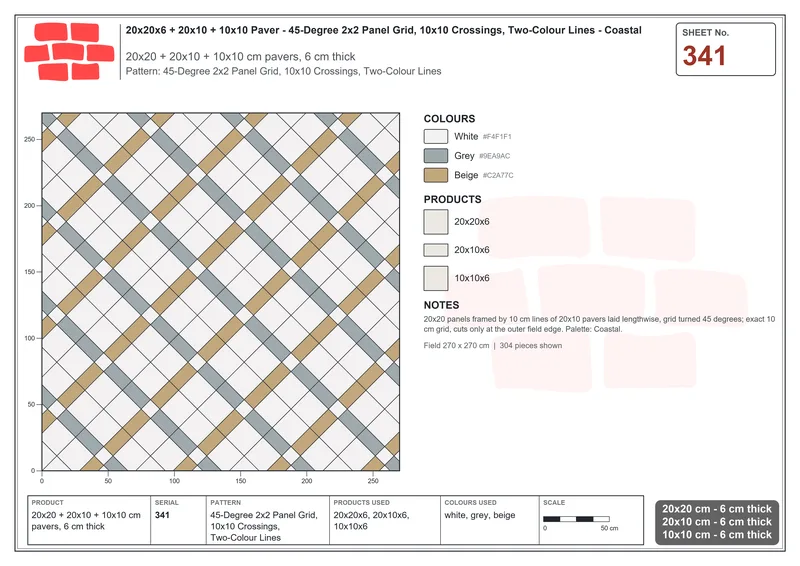 Interlock (Pasco) 20x20 cm · SQ22-341 · 45-Degree 2x2 Panel Grid, 10x10 Crossings, Two-Colour Lines · Laying plan Interlock (Pasco) 20x20 cm · SQ22-341 · 45-Degree 2x2 Panel Grid, 10x10 Crossings, Two-Colour Lines · Laying plan