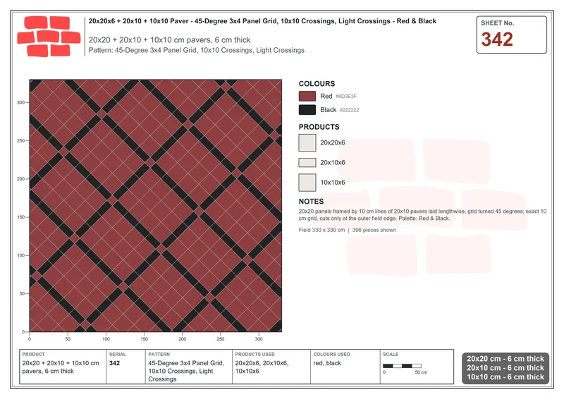 Interlock (Pasco) 20x20 cm · SQ22-342 · 45-Degree 3x4 Panel Grid, 10x10 Crossings, Light Crossings · Laying plan Interlock (Pasco) 20x20 cm · SQ22-342 · 45-Degree 3x4 Panel Grid, 10x10 Crossings, Light Crossings · Laying plan