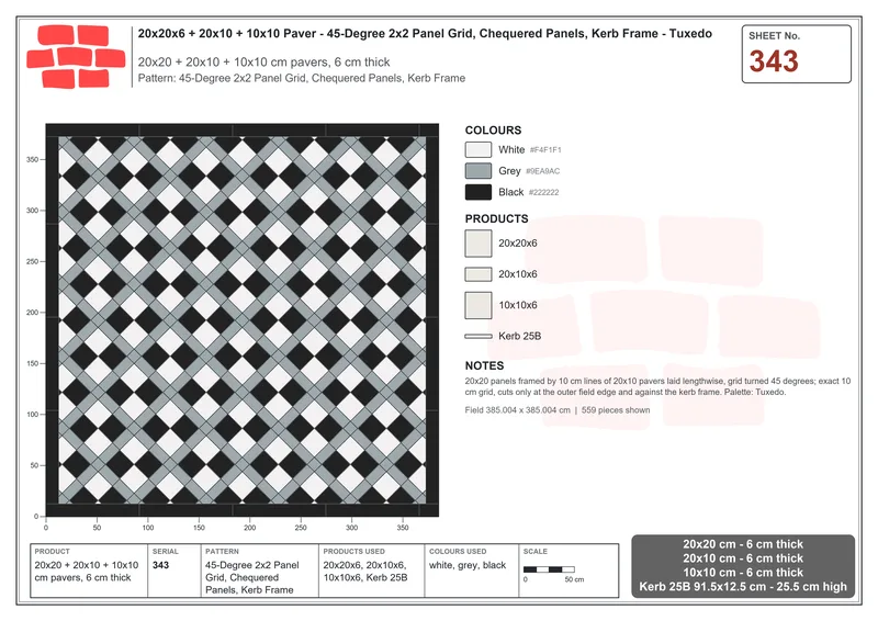 Interlock (Pasco) 20x20 cm · SQ22-343 · 45-Degree 2x2 Panel Grid, Chequered Panels, Kerb Frame · Laying plan Interlock (Pasco) 20x20 cm · SQ22-343 · 45-Degree 2x2 Panel Grid, Chequered Panels, Kerb Frame · Laying plan