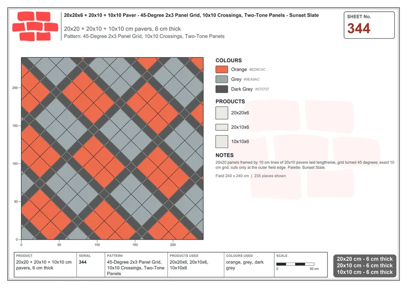 Interlock (Pasco) 20x20 cm · SQ22-344 · 45-Degree 2x3 Panel Grid, 10x10 Crossings, Two-Tone Panels · Laying plan Interlock (Pasco) 20x20 cm · SQ22-344 · 45-Degree 2x3 Panel Grid, 10x10 Crossings, Two-Tone Panels · Laying plan