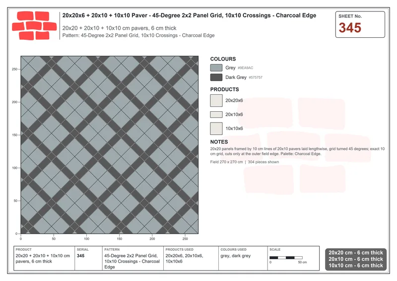 Interlock (Pasco) 20x20 cm · SQ22-345 · 45-Degree 2x2 Panel Grid, 10x10 Crossings - Charcoal Edge · Laying plan Interlock (Pasco) 20x20 cm · SQ22-345 · 45-Degree 2x2 Panel Grid, 10x10 Crossings - Charcoal Edge · Laying plan