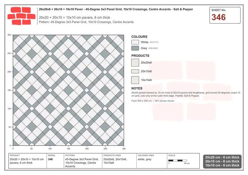 Interlock (Pasco) 20x20 cm · SQ22-346 · 45-Degree 3x3 Panel Grid, 10x10 Crossings, Centre Accents · Laying plan Interlock (Pasco) 20x20 cm · SQ22-346 · 45-Degree 3x3 Panel Grid, 10x10 Crossings, Centre Accents · Laying plan