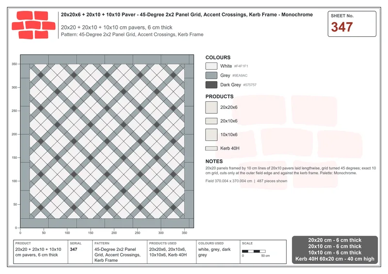 Interlock (Pasco) 20x20 cm · SQ22-347 · 45-Degree 2x2 Panel Grid, Accent Crossings, Kerb Frame · Laying plan Interlock (Pasco) 20x20 cm · SQ22-347 · 45-Degree 2x2 Panel Grid, Accent Crossings, Kerb Frame · Laying plan