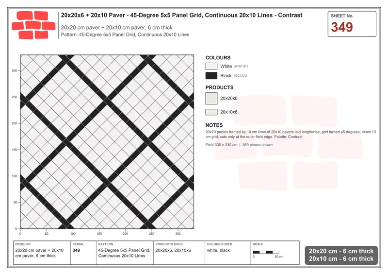 Interlock (Pasco) 20x20 cm · SQ22-349 · 45-Degree 5x5 Panel Grid, Continuous 20x10 Lines · Laying plan Interlock (Pasco) 20x20 cm · SQ22-349 · 45-Degree 5x5 Panel Grid, Continuous 20x10 Lines · Laying plan
