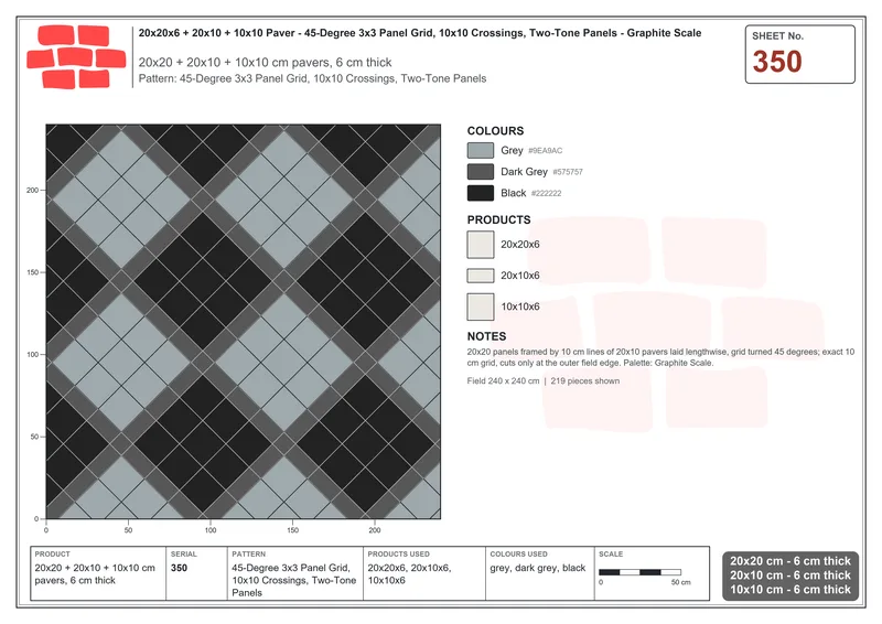 Interlock (Pasco) 20x20 cm · SQ22-350 · 45-Degree 3x3 Panel Grid, 10x10 Crossings, Two-Tone Panels · Laying plan Interlock (Pasco) 20x20 cm · SQ22-350 · 45-Degree 3x3 Panel Grid, 10x10 Crossings, Two-Tone Panels · Laying plan