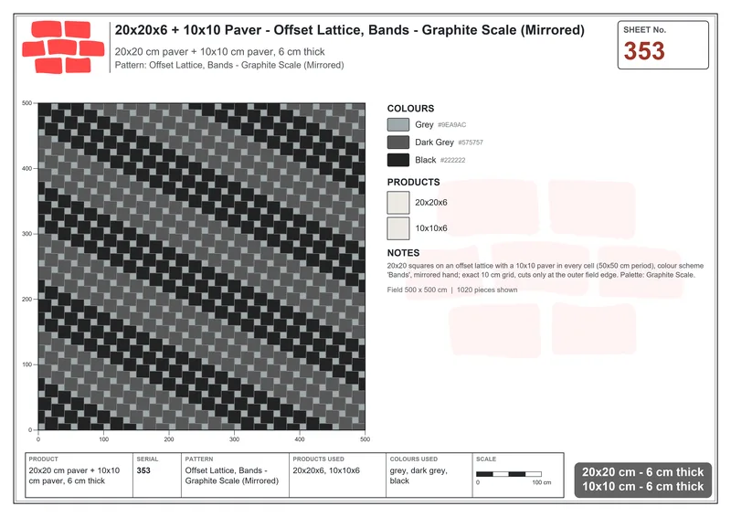 Interlock (Pasco) 20x20 cm · SQ22-353 · Offset Lattice, Bands - Graphite Scale (Mirrored) · Laying plan Interlock (Pasco) 20x20 cm · SQ22-353 · Offset Lattice, Bands - Graphite Scale (Mirrored) · Laying plan