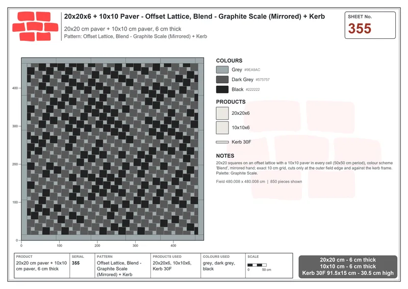 Interlock (Pasco) 20x20 cm · SQ22-355 · Offset Lattice, Blend - Graphite Scale (Mirrored) + Kerb · Laying plan Interlock (Pasco) 20x20 cm · SQ22-355 · Offset Lattice, Blend - Graphite Scale (Mirrored) + Kerb · Laying plan
