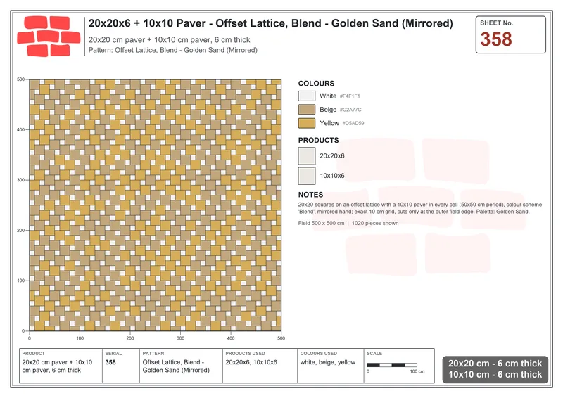 Interlock (Pasco) 20x20 cm · SQ22-358 · Offset Lattice, Blend - Golden Sand (Mirrored) · Laying plan Interlock (Pasco) 20x20 cm · SQ22-358 · Offset Lattice, Blend - Golden Sand (Mirrored) · Laying plan