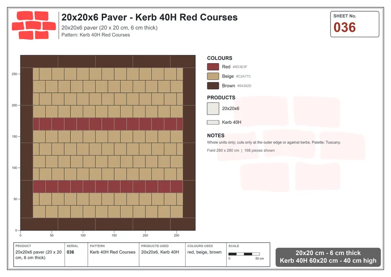 Interlock (Pasco) 20x20 cm · SQ22-36 · Kerb 40H Red Courses · Laying plan Interlock (Pasco) 20x20 cm · SQ22-36 · Kerb 40H Red Courses · Laying plan