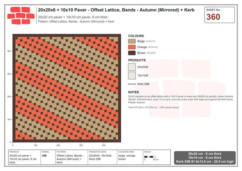 Interlock (Pasco) 20x20 cm · SQ22-360 · Offset Lattice, Bands - Autumn (Mirrored) + Kerb · Laying plan Interlock (Pasco) 20x20 cm · SQ22-360 · Offset Lattice, Bands - Autumn (Mirrored) + Kerb · Laying plan