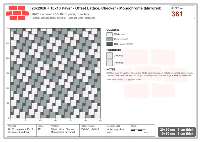 Interlock (Pasco) 20x20 cm · SQ22-361 · Offset Lattice, Checker - Monochrome (Mirrored) · Laying plan Interlock (Pasco) 20x20 cm · SQ22-361 · Offset Lattice, Checker - Monochrome (Mirrored) · Laying plan