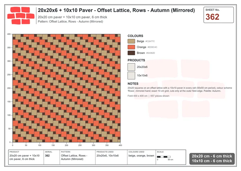 Interlock (Pasco) 20x20 cm · SQ22-362 · Offset Lattice, Rows - Autumn (Mirrored) · Laying plan Interlock (Pasco) 20x20 cm · SQ22-362 · Offset Lattice, Rows - Autumn (Mirrored) · Laying plan