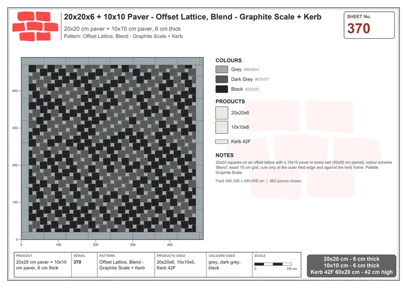 Interlock (Pasco) 20x20 cm · SQ22-370 · Offset Lattice, Blend - Graphite Scale + Kerb · Laying plan Interlock (Pasco) 20x20 cm · SQ22-370 · Offset Lattice, Blend - Graphite Scale + Kerb · Laying plan