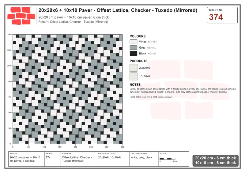 Interlock (Pasco) 20x20 cm · SQ22-374 · Offset Lattice, Checker - Tuxedo (Mirrored) · Laying plan Interlock (Pasco) 20x20 cm · SQ22-374 · Offset Lattice, Checker - Tuxedo (Mirrored) · Laying plan