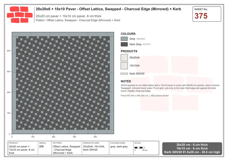 Interlock (Pasco) 20x20 cm · SQ22-375 · Offset Lattice, Swapped - Charcoal Edge (Mirrored) + Kerb · Laying plan Interlock (Pasco) 20x20 cm · SQ22-375 · Offset Lattice, Swapped - Charcoal Edge (Mirrored) + Kerb · Laying plan