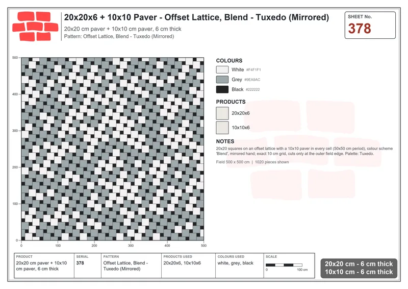 Interlock (Pasco) 20x20 cm · SQ22-378 · Offset Lattice, Blend - Tuxedo (Mirrored) · Laying plan Interlock (Pasco) 20x20 cm · SQ22-378 · Offset Lattice, Blend - Tuxedo (Mirrored) · Laying plan