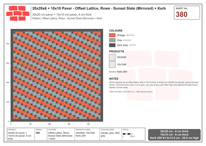 Interlock (Pasco) 20x20 cm · SQ22-380 · Offset Lattice, Rows - Sunset Slate (Mirrored) + Kerb · Laying plan Interlock (Pasco) 20x20 cm · SQ22-380 · Offset Lattice, Rows - Sunset Slate (Mirrored) + Kerb · Laying plan