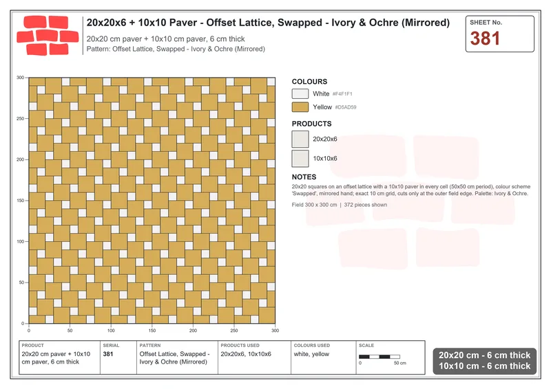 Interlock (Pasco) 20x20 cm · SQ22-381 · Offset Lattice, Swapped - Ivory & Ochre (Mirrored) · Laying plan Interlock (Pasco) 20x20 cm · SQ22-381 · Offset Lattice, Swapped - Ivory & Ochre (Mirrored) · Laying plan