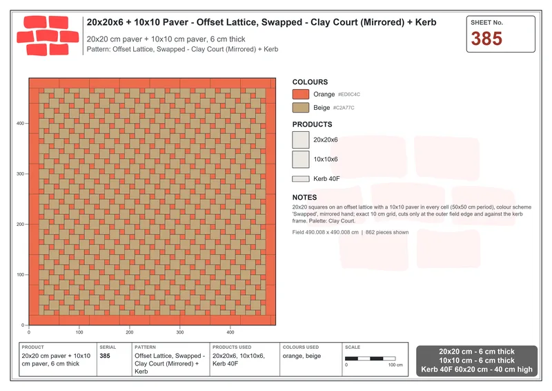 Interlock (Pasco) 20x20 cm · SQ22-385 · Offset Lattice, Swapped - Clay Court (Mirrored) + Kerb · Laying plan Interlock (Pasco) 20x20 cm · SQ22-385 · Offset Lattice, Swapped - Clay Court (Mirrored) + Kerb · Laying plan