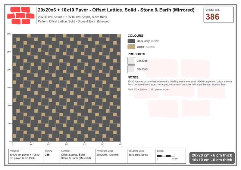Interlock (Pasco) 20x20 cm · SQ22-386 · Offset Lattice, Solid - Stone & Earth (Mirrored) · Laying plan Interlock (Pasco) 20x20 cm · SQ22-386 · Offset Lattice, Solid - Stone & Earth (Mirrored) · Laying plan